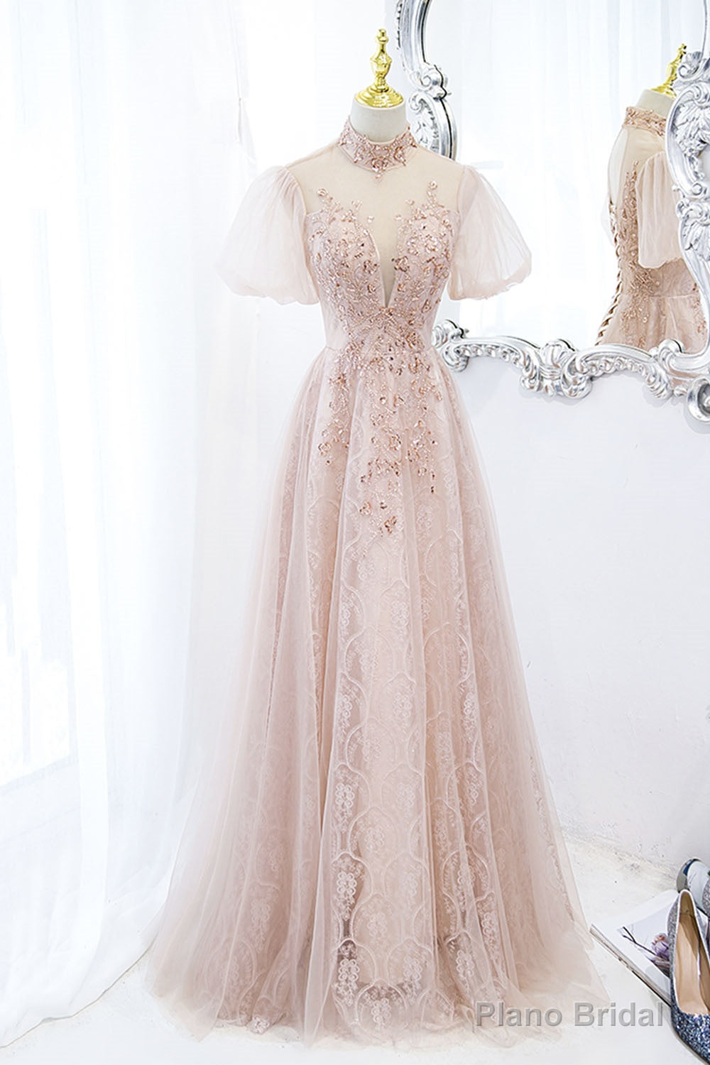 Pink Tulle Long A-Line Prom Dress, Pink Short Sleeve Evening Party Dress Main image