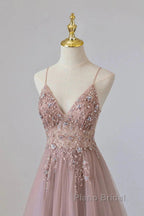 Pink Tulle Long A-Line Formal Prom Dresses, Pink Spaghetti Formal Dresses With Beaded