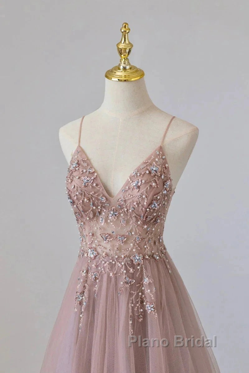 Pink Tulle Long A-Line Formal Prom Dresses, Pink Spaghetti Formal Dresses With Beaded Secondary image