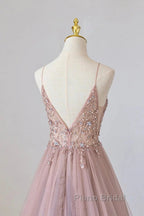 Pink Tulle Long A-Line Formal Prom Dresses, Pink Spaghetti Formal Dresses With Beaded
