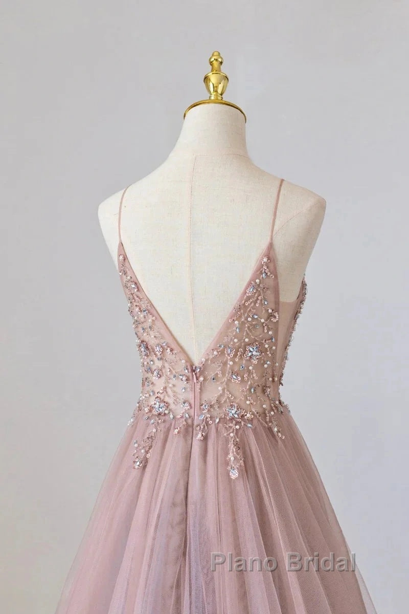 Pink Tulle Long A-Line Formal Prom Dresses, Pink Spaghetti Formal Dresses With Beaded