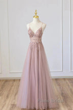 Pink Tulle Long A-Line Formal Prom Dresses, Pink Spaghetti Formal Dresses With Beaded