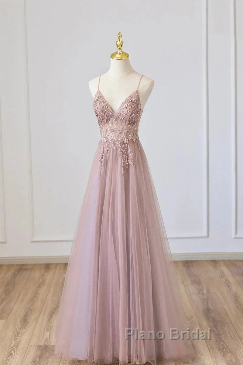 Pink Tulle Long A-Line Formal Prom Dresses, Pink Spaghetti Formal Dresses With Beaded