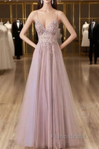 Pink Tulle Long A-Line Formal Prom Dresses, Pink Spaghetti Formal Dresses With Beaded