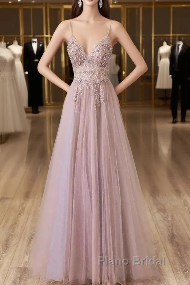 Pink Tulle Long A-Line Formal Prom Dresses, Pink Spaghetti Formal Dresses With Beaded Main image