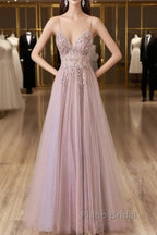 Pink Tulle Long A-Line Formal Prom Dresses, Pink Spaghetti Formal Dresses With Beaded
