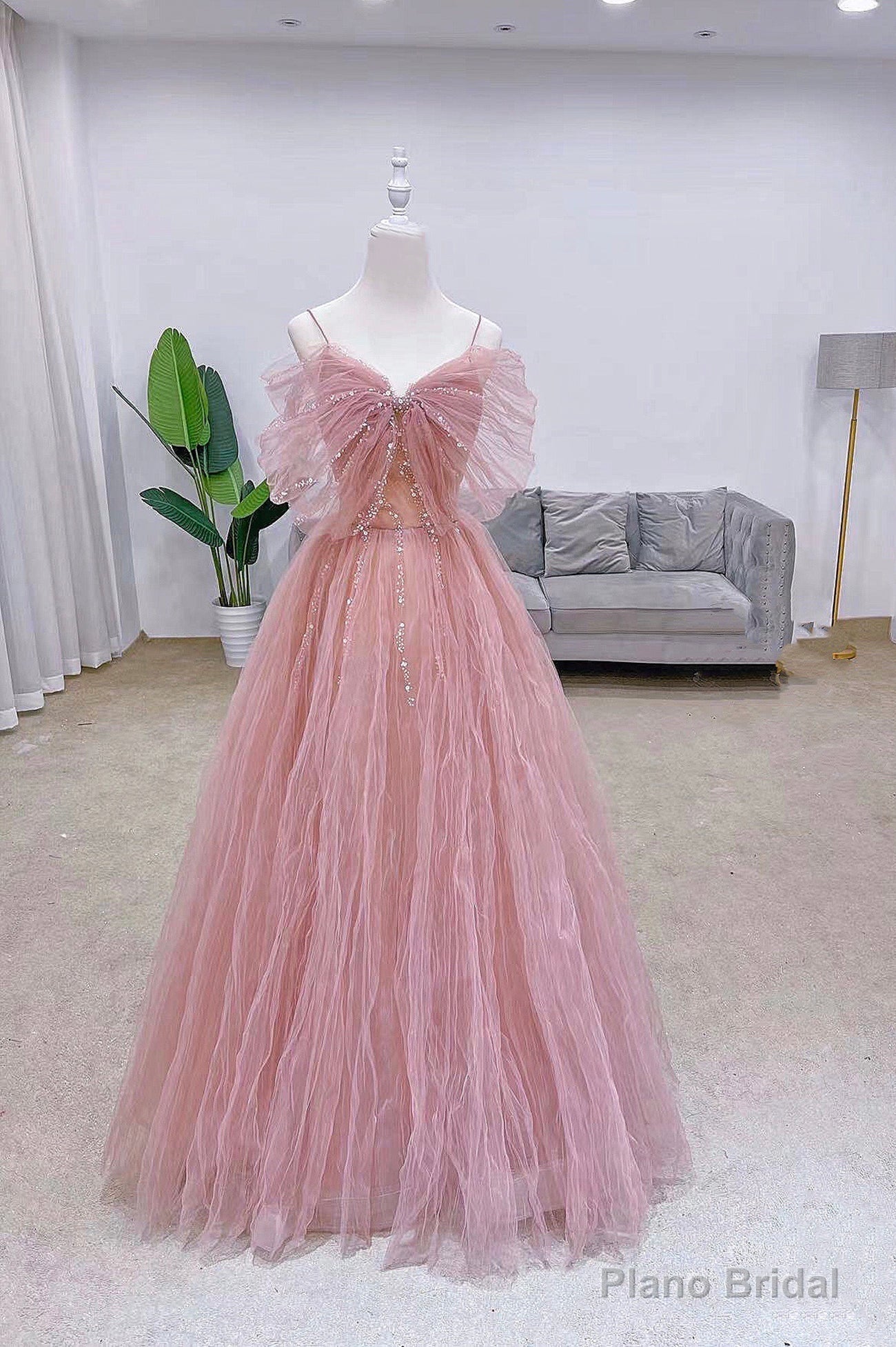 Pink Tulle Long A-Line Prom Dress with Bow, Pink Evening Graduation Dress Main image