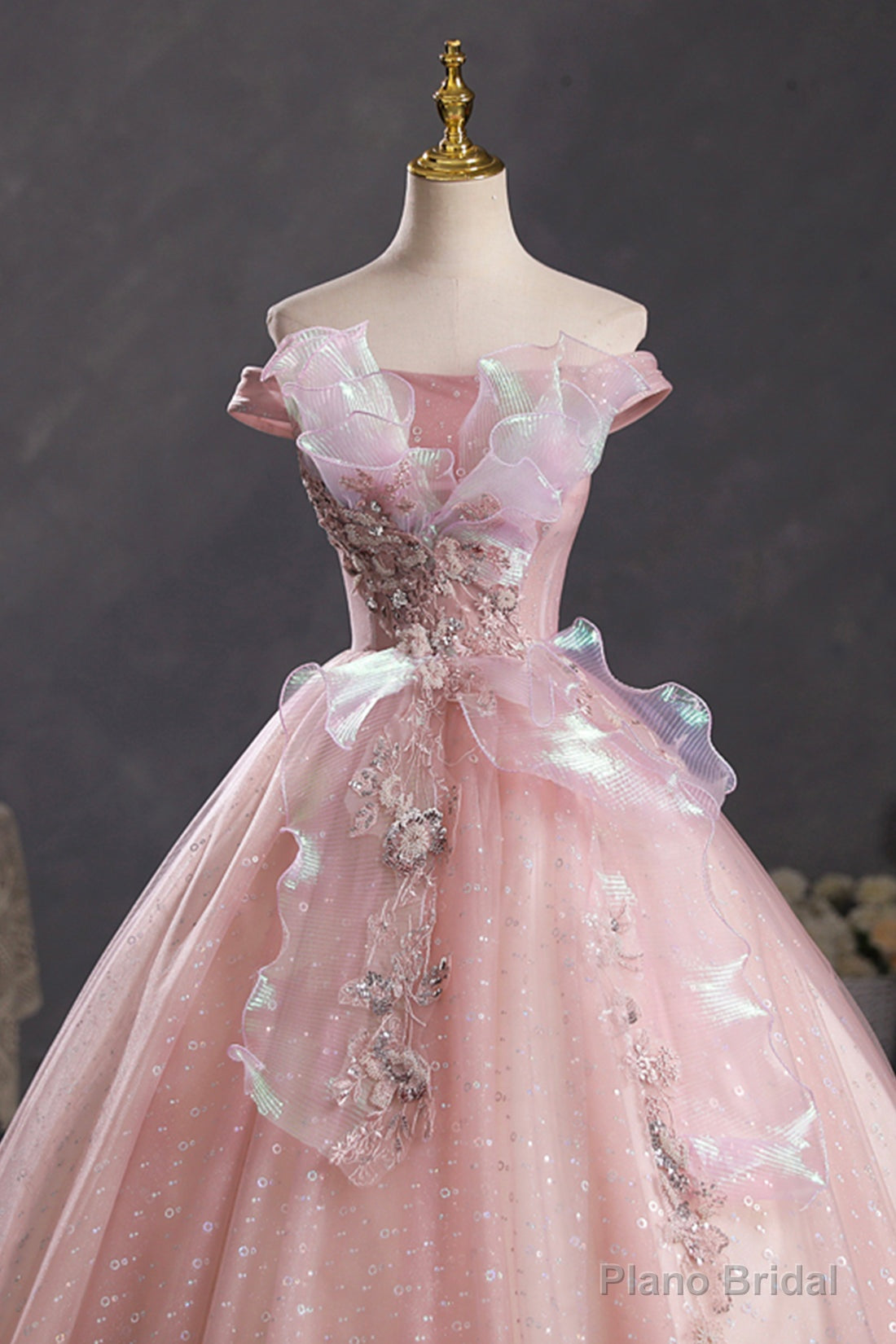 Pink Tulle Long A-Line Prom Dress with Lace, Off Shoulder Sweet 16 Dress