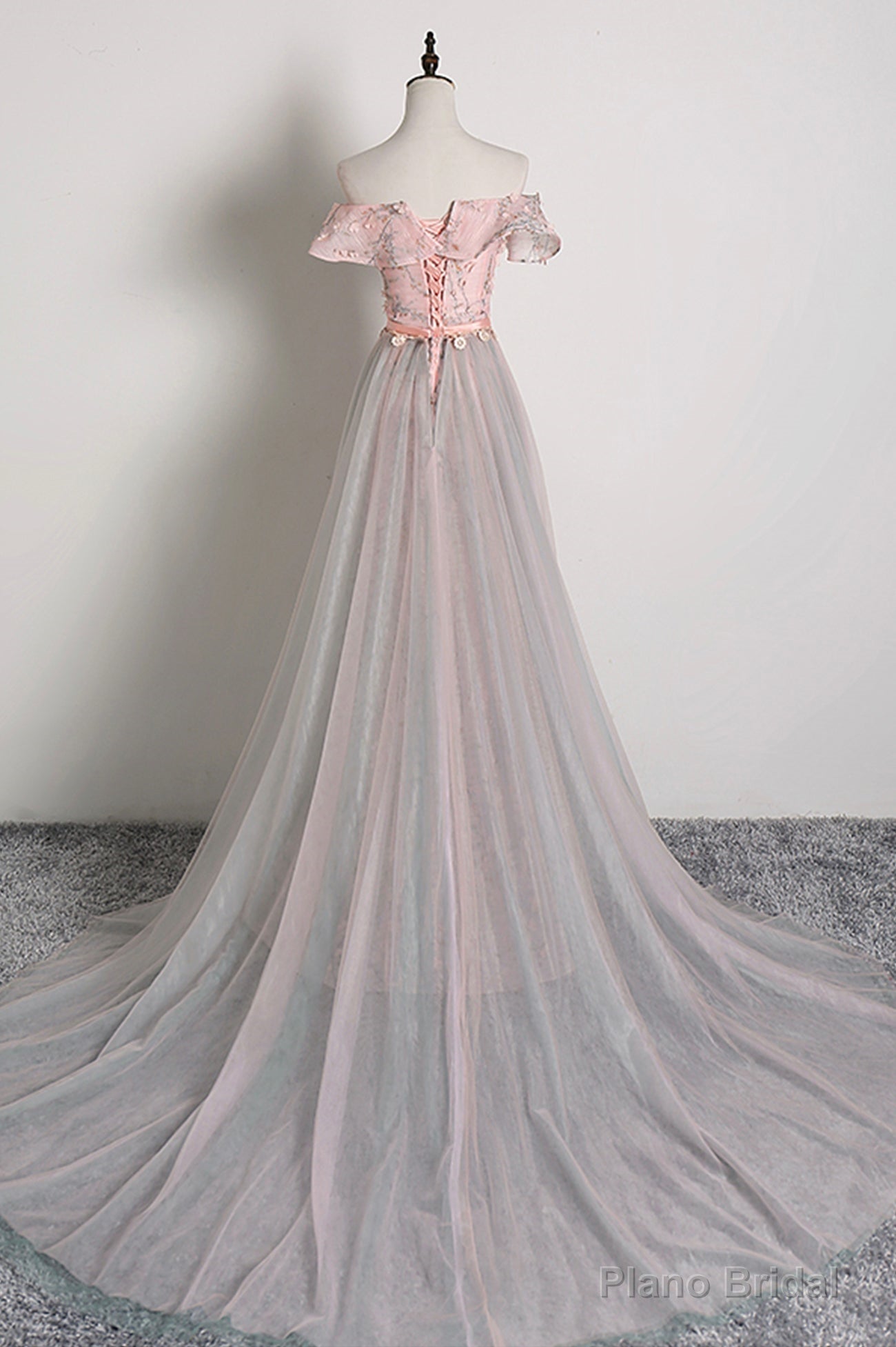 Pink Tulle Long A-Line Prom Dress with Train, Off the Shoulder Formal Evening Dress