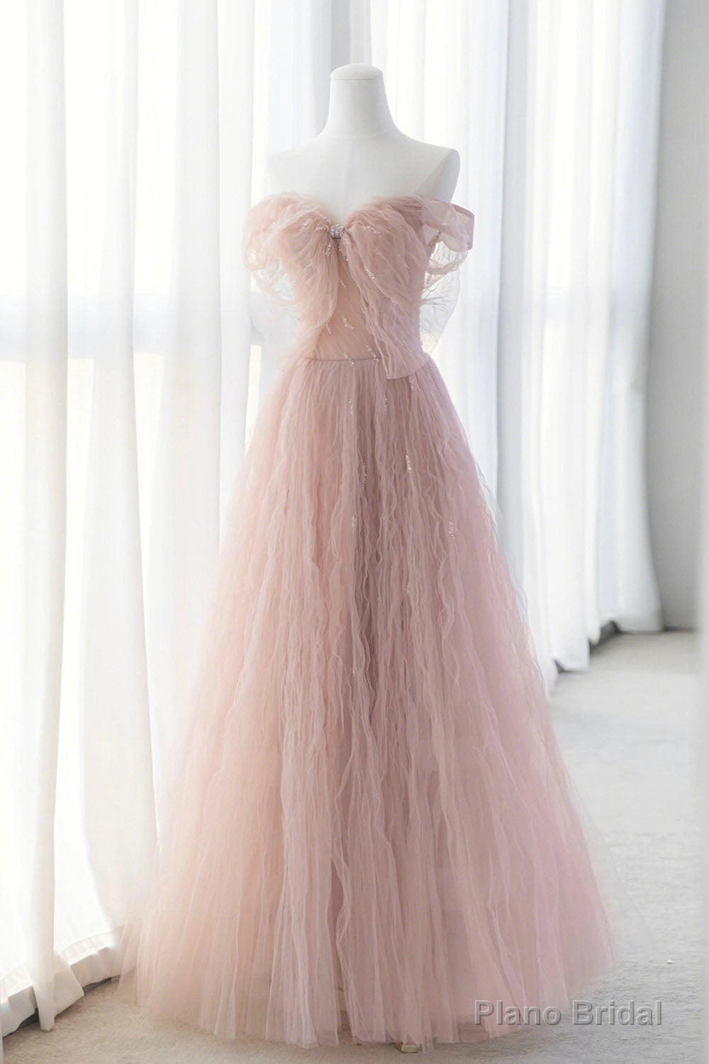 Pink Tulle Long A-Line Prom Dresses, Pink Evening Dresses with Bow Main image