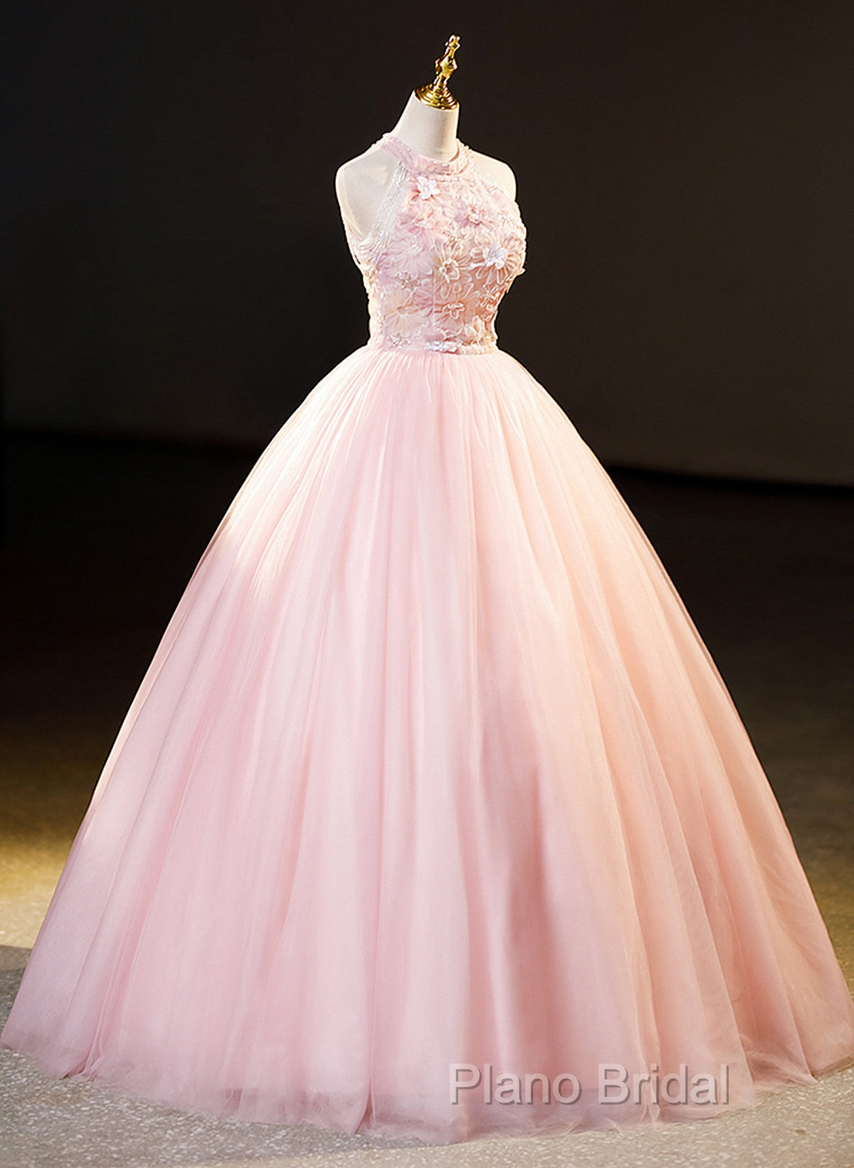 Pink Tulle Long Formal Dresses With Floral Lace, Pink Halter Tulle Sweet 16 Dresses Secondary image