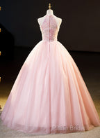 Pink Tulle Long Formal Dresses With Floral Lace, Pink Halter Tulle Sweet 16 Dresses