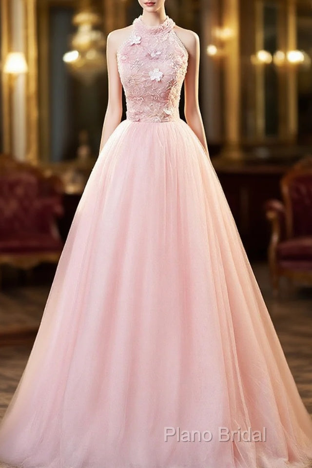 Pink Tulle Long Formal Dresses With Floral Lace, Pink Halter Tulle Sweet 16 Dresses