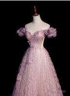 Pink Tulle Long Off Shoulder Party Dress with Flowers Pink Evening Dress Formal Dress prom dresses shops