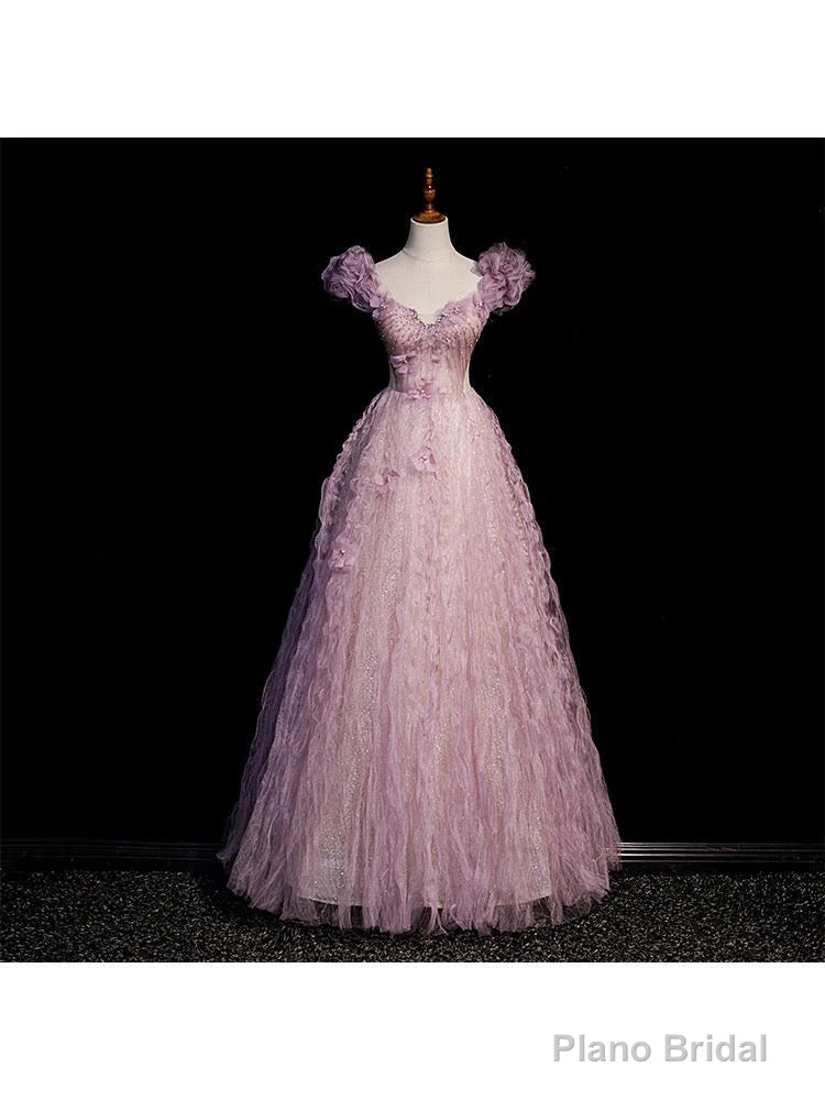 Pink Tulle Long Off Shoulder Party Dress with Flowers Pink Evening Dress Formal Dress prom dresses shops