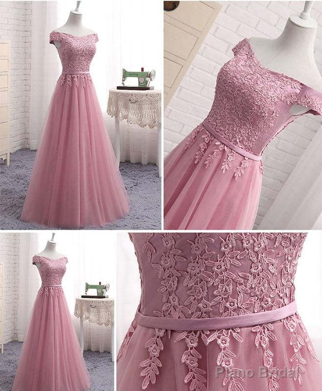 Pink Tulle Long Party Dress , Cute Off Shoulder Bridesmaid Dresses Secondary image