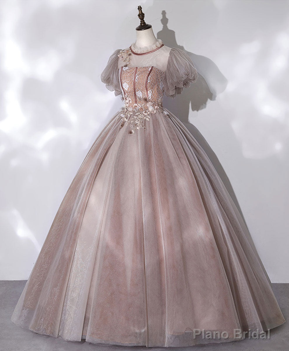 Pink Tulle Long Prom Dress, Pink Formal Sweet 16 Dress with Applique Beading Main image