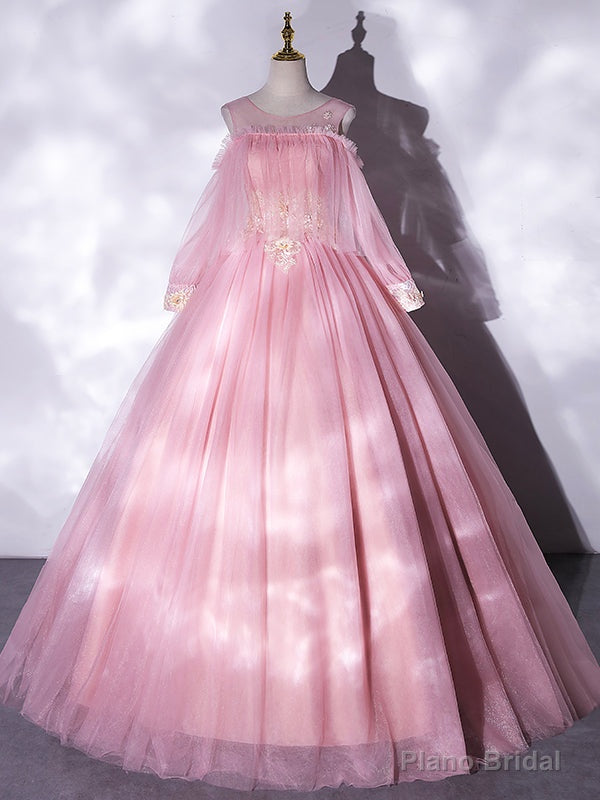 Pink Tulle Long Sleeve 3D Appliques Quinceanera Dress Main image