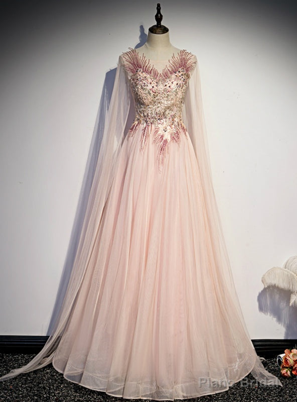 Pink Tulle Long Sleeve Appliques Beading Prom Dress Main image
