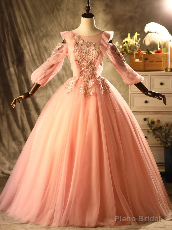 Pink Tulle Long Sleeve Appliques Beading Quinceanera Dress Main image