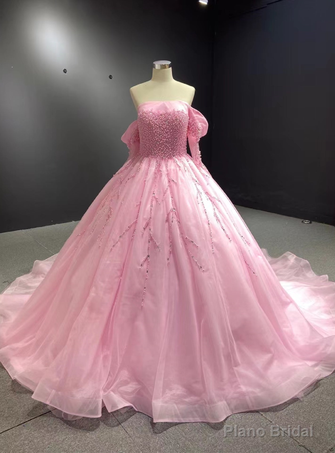Pink Tulle Long Sleeve Off the Shoulder Pearls Prom Dress Main image