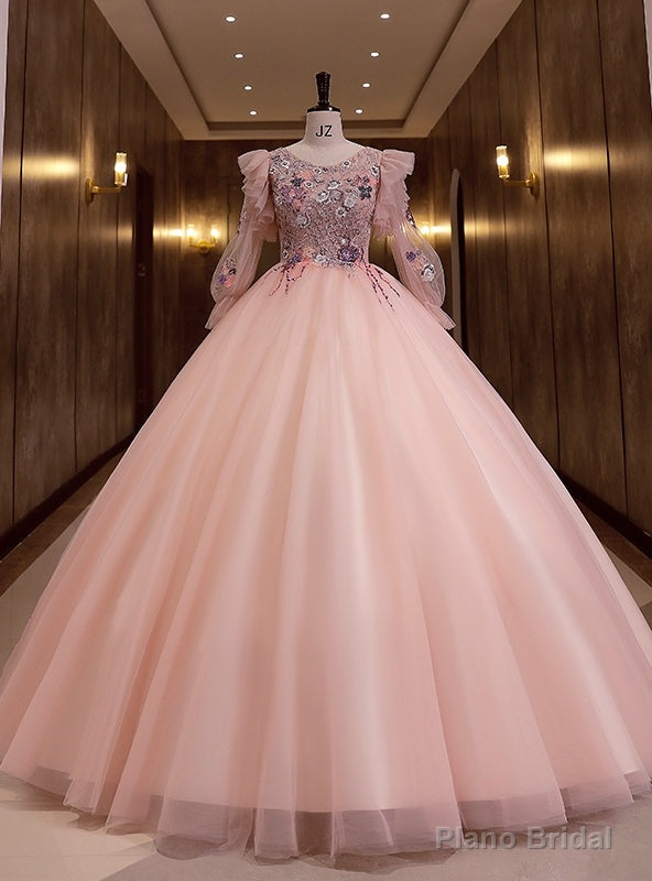 Pink Tulle Long Sleeve Sequins Appliques Quinceanera Dress Main image