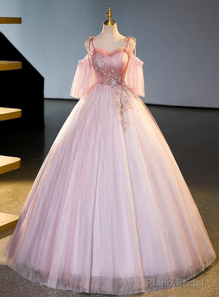 Pink Tulle Long Sleeve Straps Beading Quinceanera Dress Main image