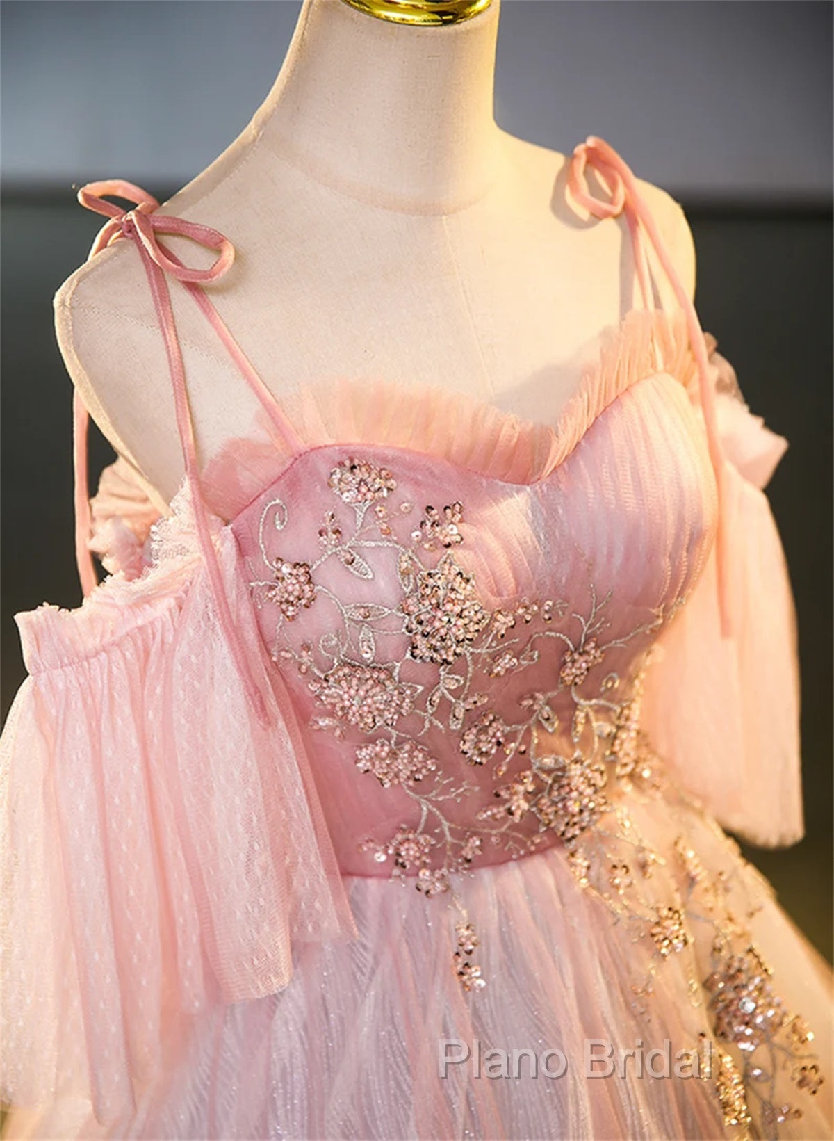 Pink Tulle Off Shoulder Beaded A-Line Formal Prom Dresses, Pink Tulle Long Party Dresses Secondary image