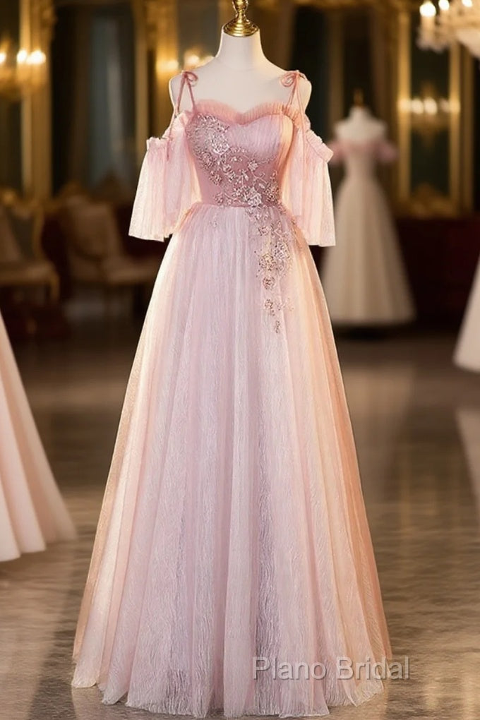 Pink Tulle Off Shoulder Beaded A-Line Formal Prom Dresses, Pink Tulle Long Party Dresses Main image