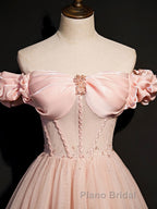 Pink tulle off shoulder long Formal Prom dress, pink tulle formal dress