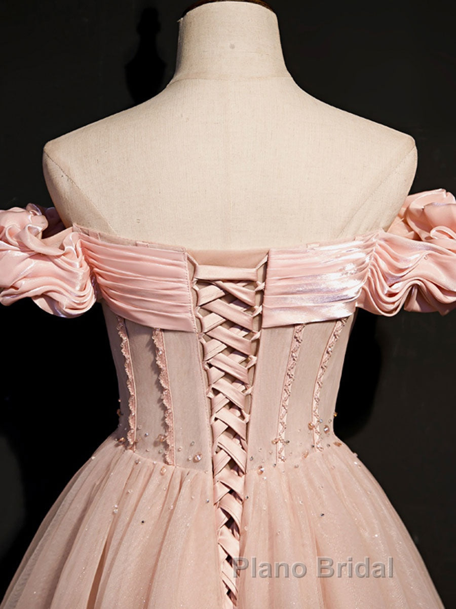 Pink tulle off shoulder long Formal Prom dress, pink tulle formal dress