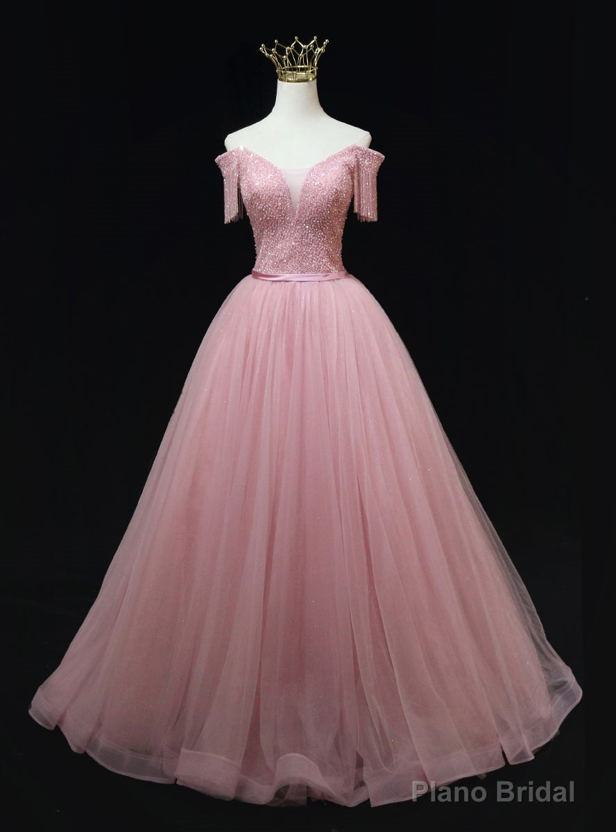 Pink Tulle Off the Shouder Beading Prom Dress Main image