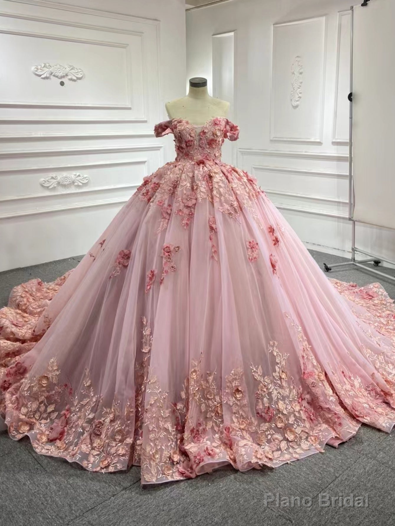 Pink Tulle Off the Shoulder 3D Appliques Prom Dress With Train Main image