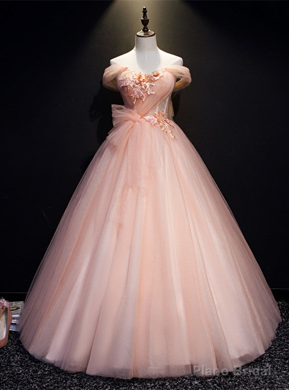 Pink Tulle Off the Shoulder Appliques Pleats Quinceanera Dress