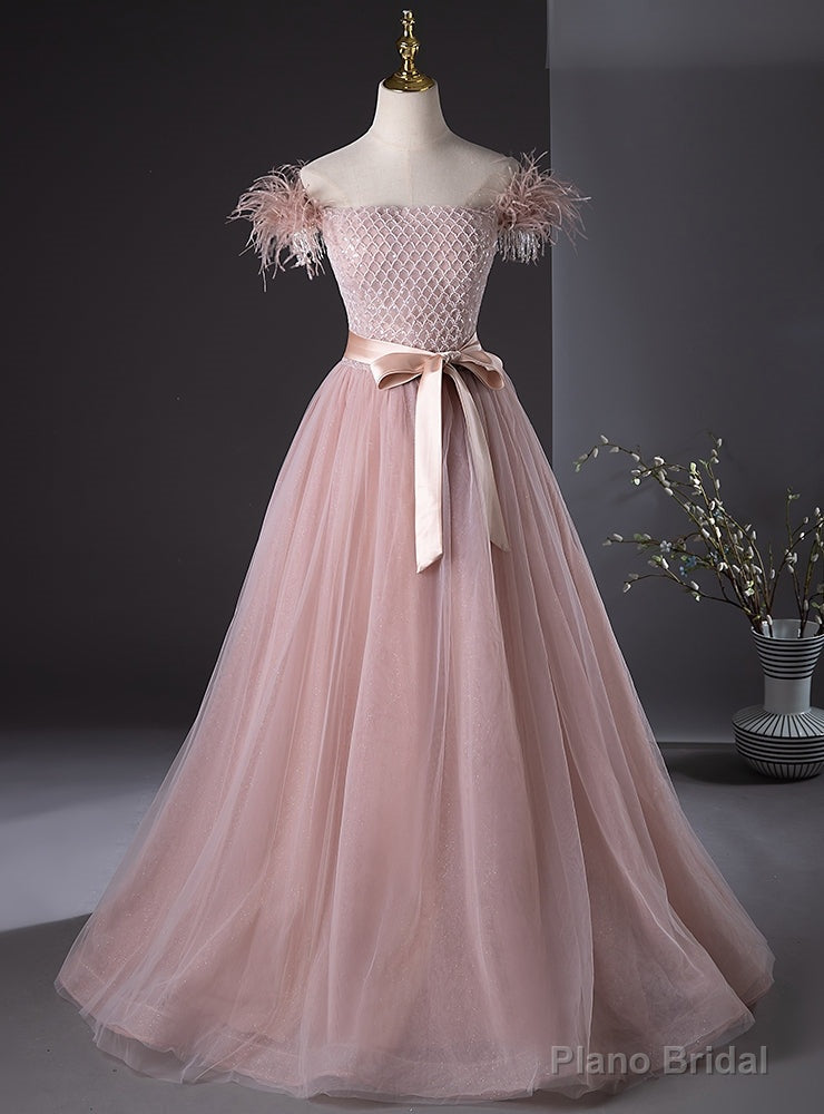 Pink Tulle Off the Shoulder Beading Feather Prom Dress Main image