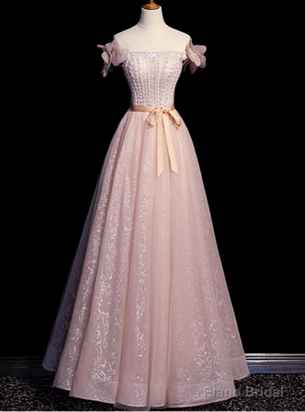 Pink Tulle Off the Shoulder Beading Handwork Flower Prom Dress Main image