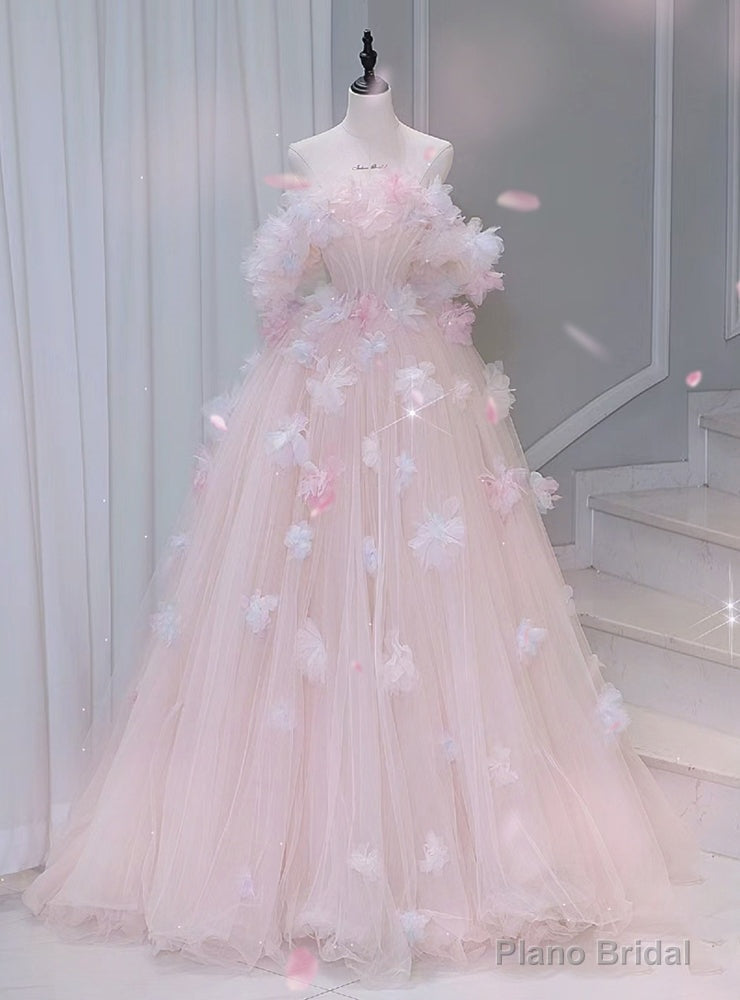 Pink Tulle Off the Shoulder Flower Prom Dress Main image