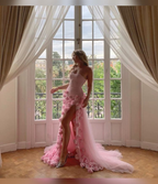 Charming Pink Strapless High Slit Flower Formal Prom Dresses