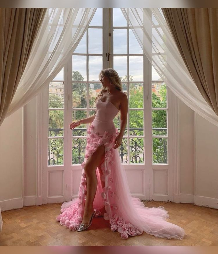 Charming Pink Strapless High Slit Flower Formal Prom Dresses