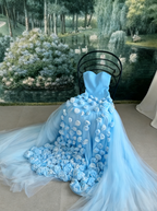 Charming Pink Strapless High Slit Flower Formal Prom Dresses