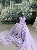 Charming Pink Strapless High Slit Flower Formal Prom Dresses
