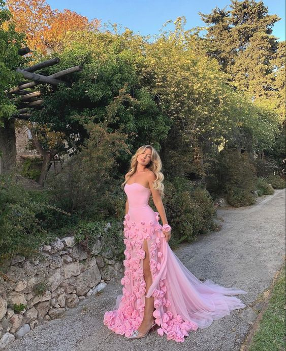 Charming Pink Strapless High Slit Flower Formal Prom Dresses