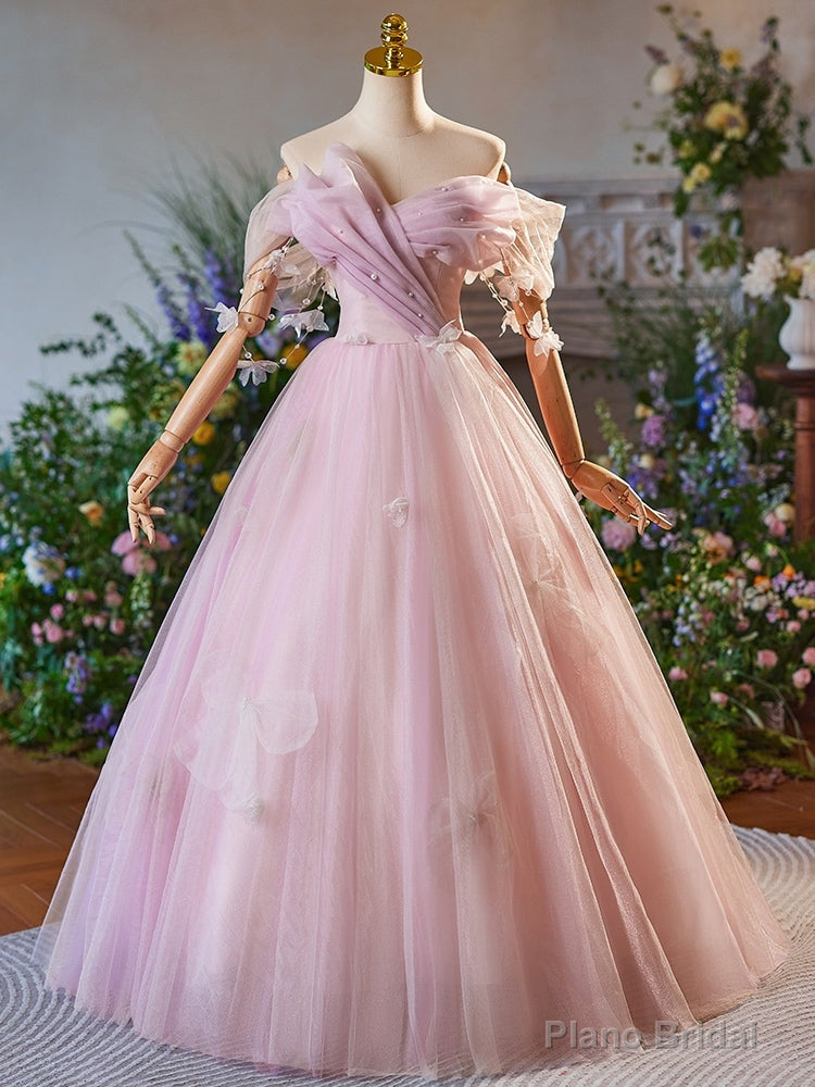 Pink Tulle Off the Shoulder Pleats Butterfly Prom Dress Main image