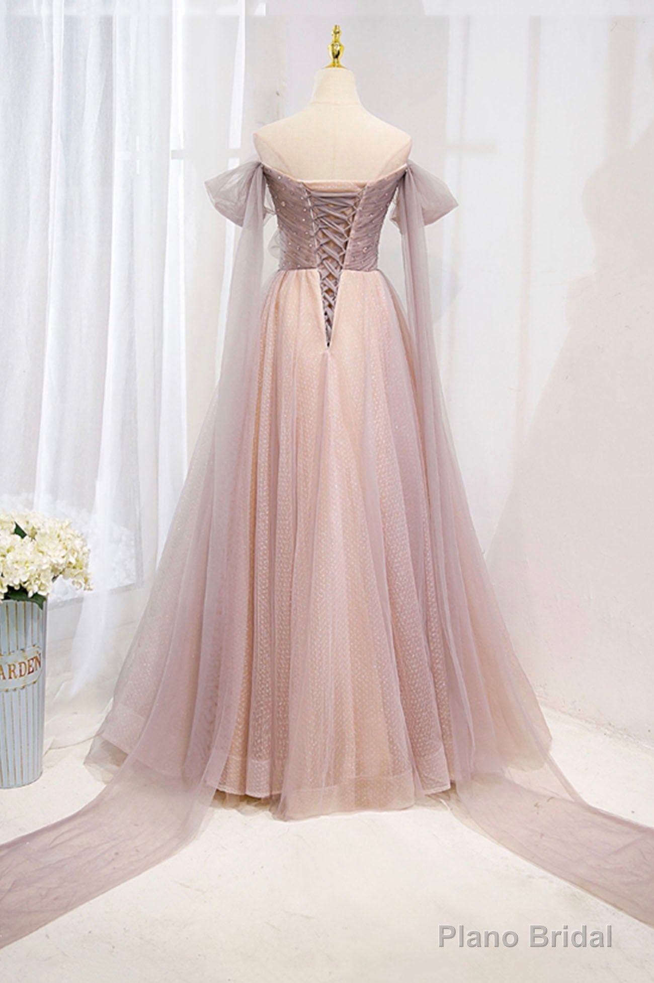 Pink Tulle Off the Shoulder Prom Dress with Beaded, A-Line Formal Evening Dress