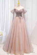 Pink Tulle Off the Shoulder Prom Dress with Beaded, A-Line Formal Evening Dress