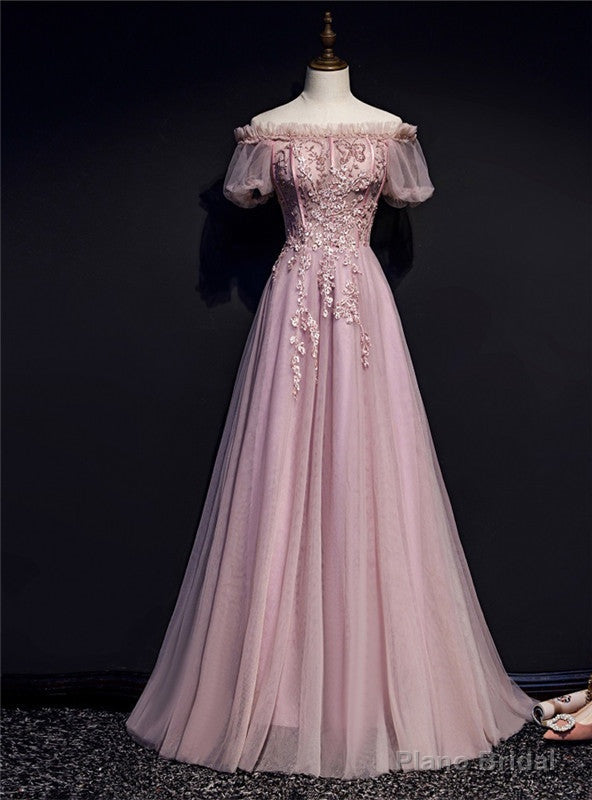 Pink Tulle Off the Shoulder Short Sleeve Prom Dress Main image