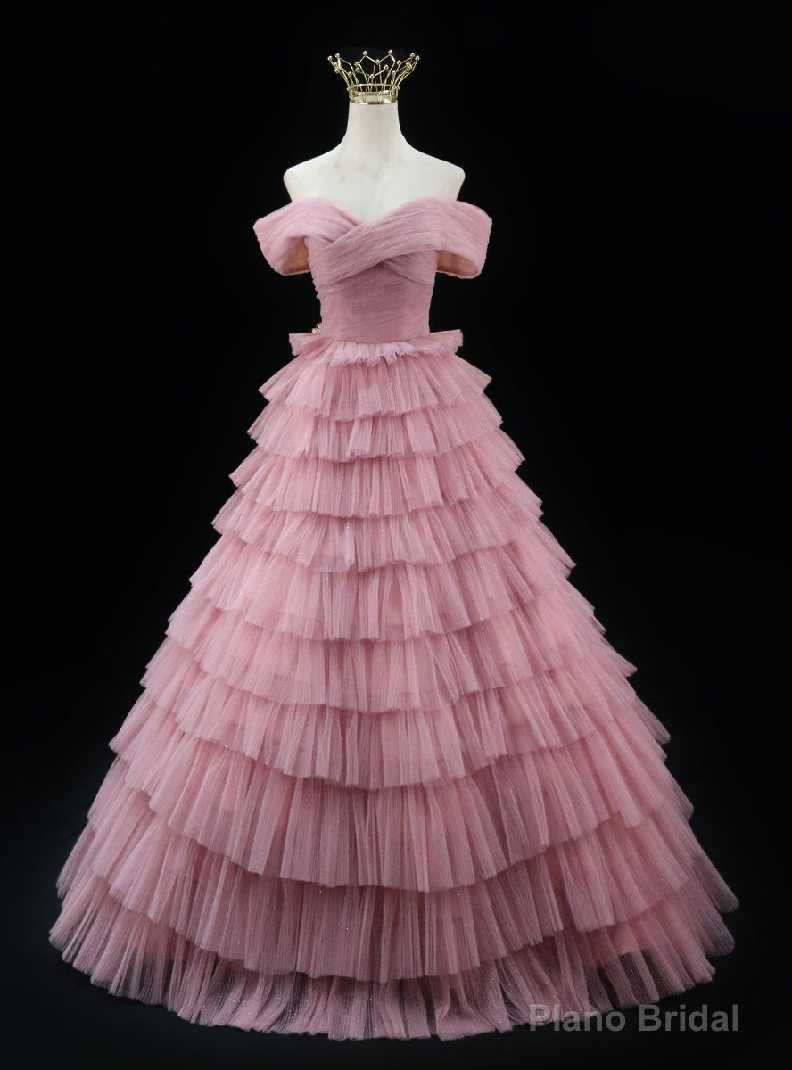 Pink Tulle Off the Shoulder Tiers Prom Dress Main image
