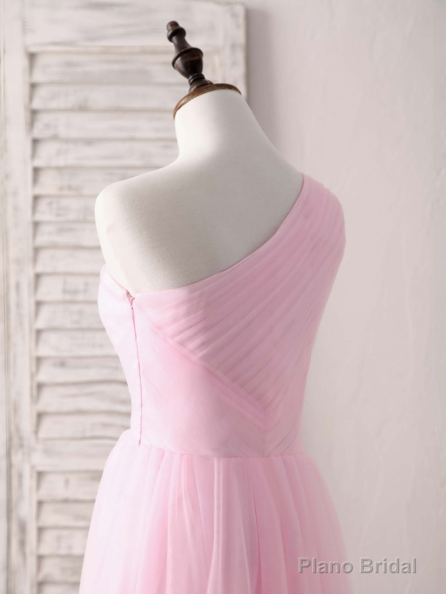 Pink Tulle One Shoulder Long Prom Dress Pink Bridesmaid Dress