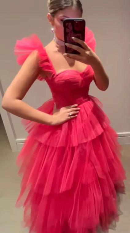 Pink Tulle Formal Prom Dresses Long Formal Evening Dresses