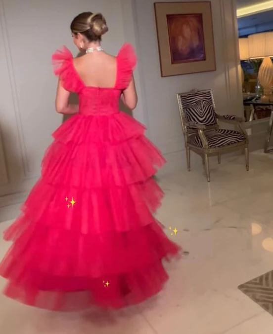 Pink Tulle Formal Prom Dresses Long Formal Evening Dresses